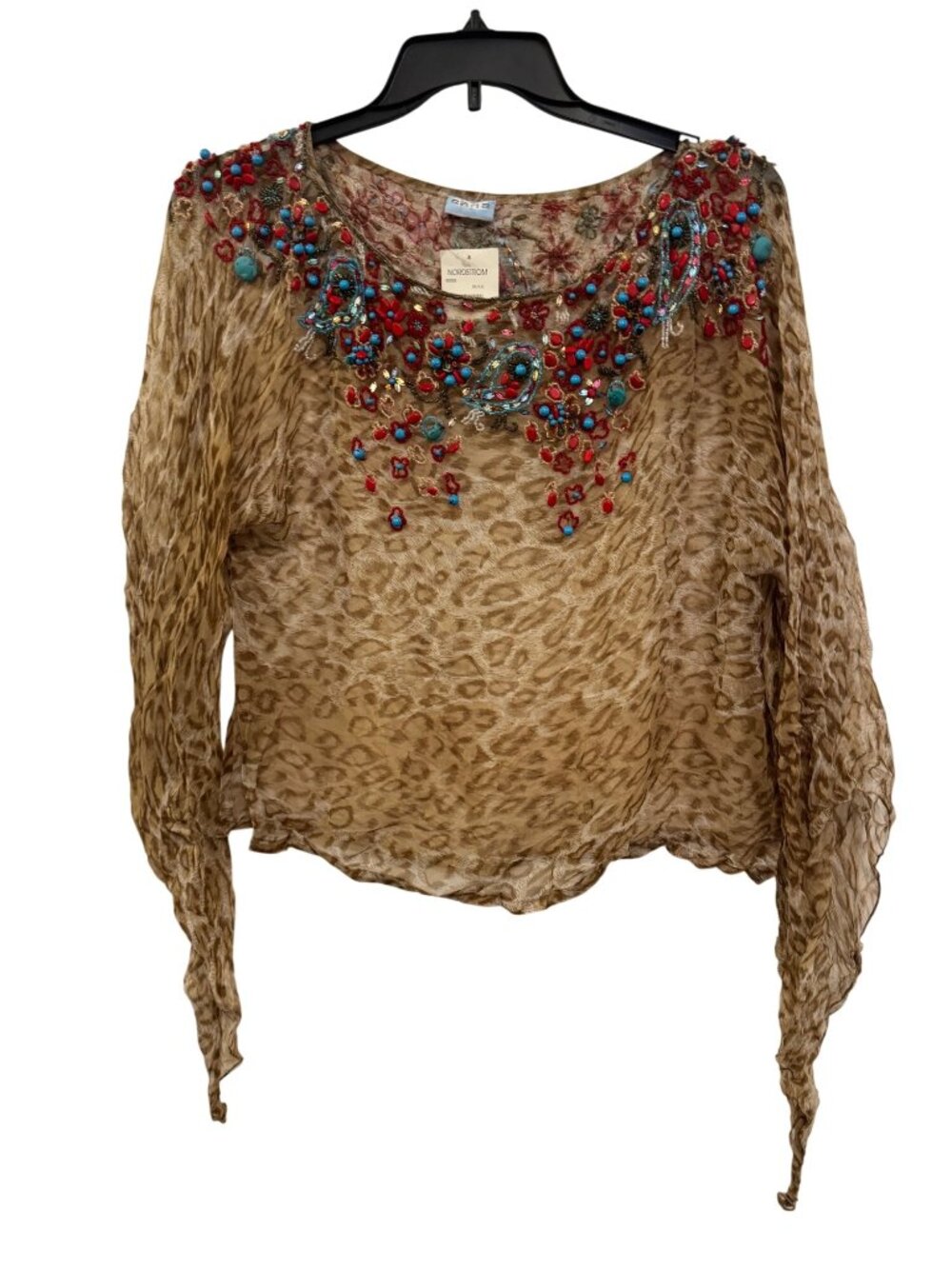 Beaded Leopard Print Sheer Top By Sana For Nordstrom Beige Red & Blue